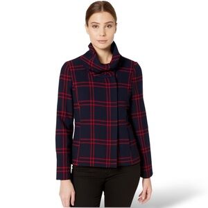 H&M Wool Blend Plaid Navy and Red Funnel Neck Blazer Snap Closure Belt Loops 4